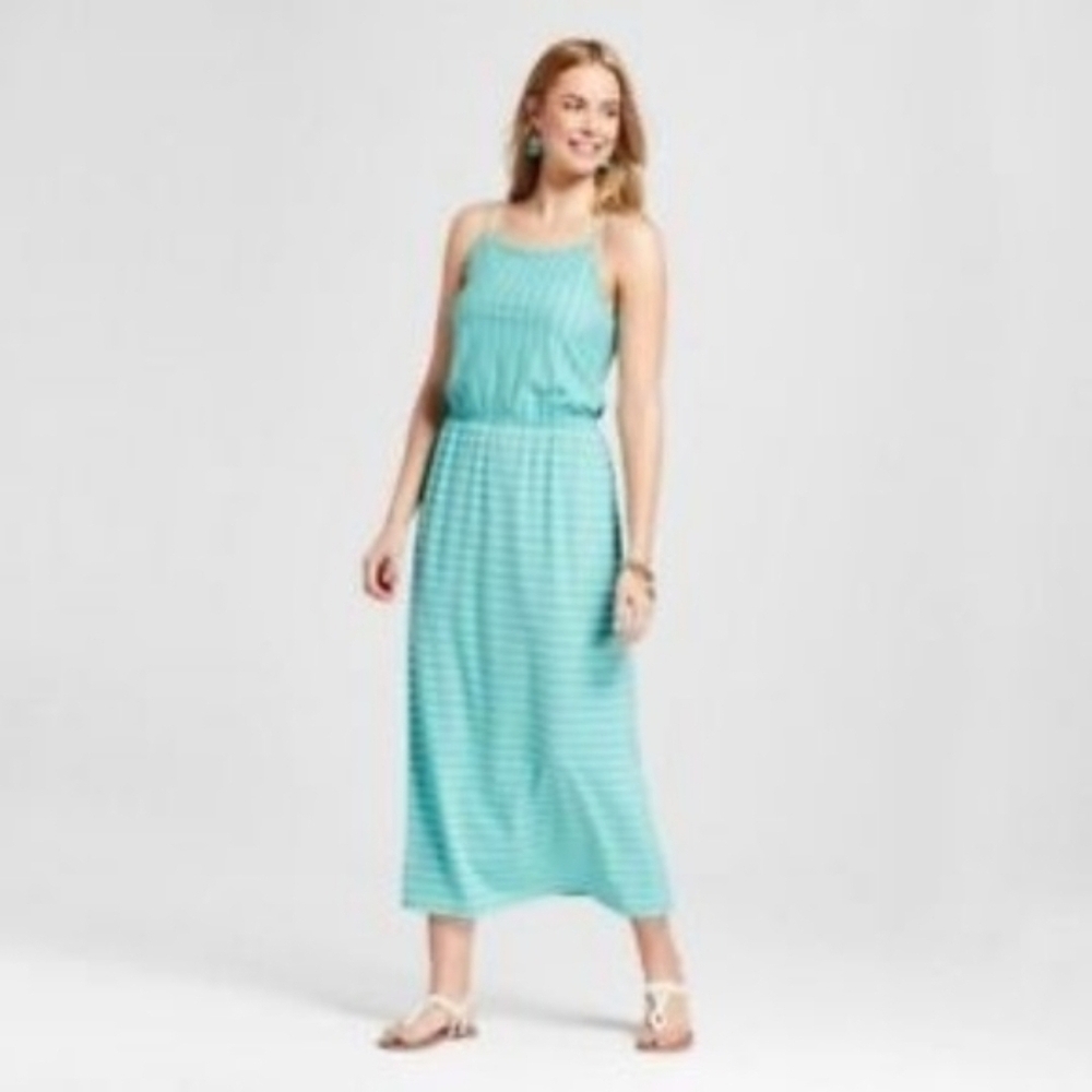 Merona Aqua Blue Striped Summer Maxi Dress XS‎